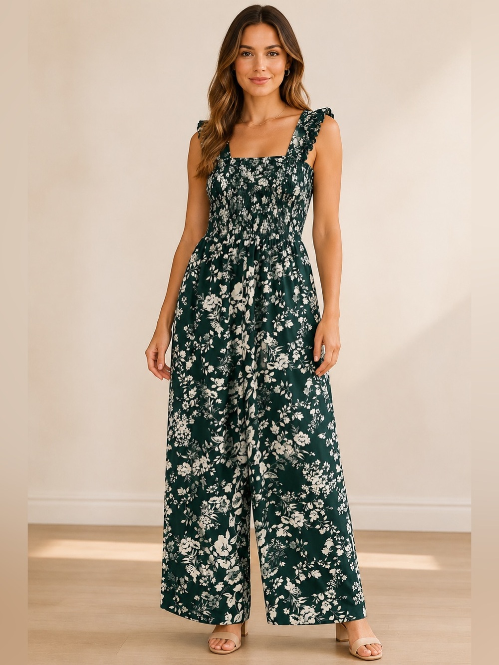 Inspired Hearts Forest Green & White Floral Smocked Wide-Leg Jumpsuit M